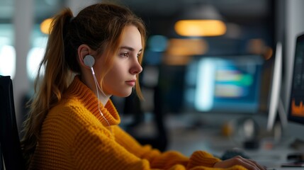 Naklejka premium A young woman works at her desk in a modern office setting