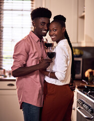 Black couple, wine and glasses with people in smile portrait, drink and love for relationship anniversary. Care, hug and celebrating on happiness date or alcohol on weekend, commitment and bonding