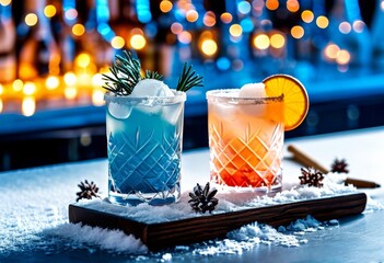 christmas winter blue and orange cocktails decorated with citrus twist and rosemary, on a bar counter with bokeh and snow. festive xmas drinks.