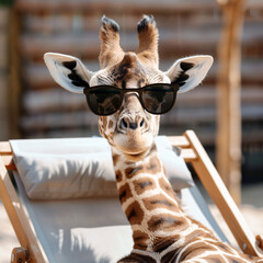 Giraffe in Sunglasses Relaxing on a Beach Chair