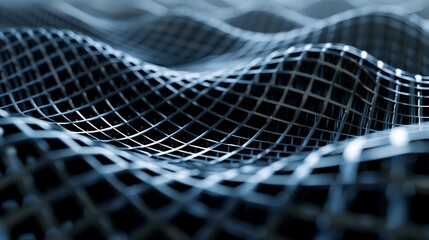 Abstract dark metal mesh grid creating a rippled surface with a shallow depth of focus