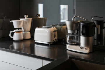 A kitchen counter with a toaster, coffee maker and blender, AI