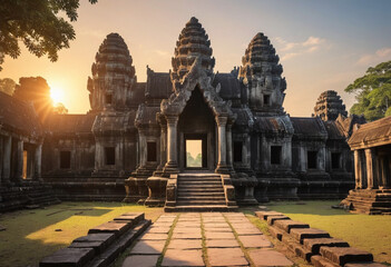 Fototapeta premium An ancient temple in Cambodia at sunrise. 