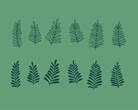 Winter Fern Leaves Doodle Illustration Decorative Vector Set