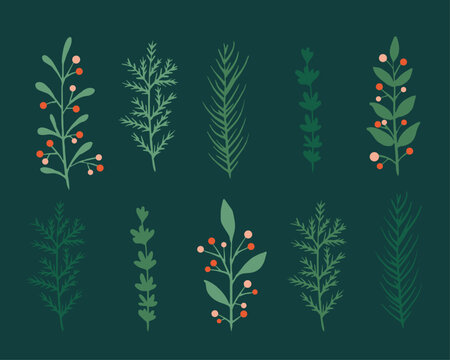 Winter Holiday Leaves Motif Assortment Doodle Vector Illustration Set
