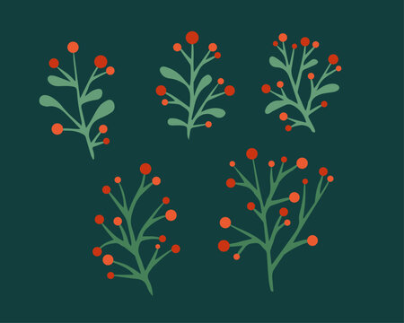 Winter Mistletoe Leaves Doodle Vector Illustration Set 