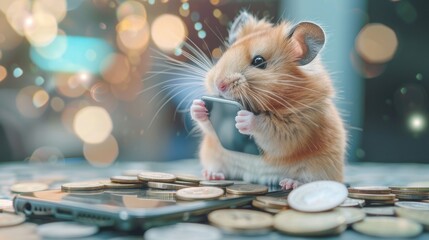 Hamster with a phone. Animal is playing a game on a smartphone. success and crypto exchange. coins and wealth