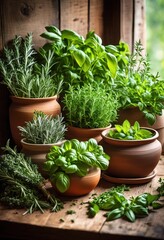 vibrant display freshly harvested herbs decorative pots showcasing natural colors textures home decor inspiration, basil, parsley, cilantro, thyme