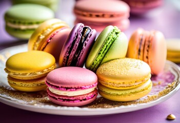 Obraz premium elegant display vividly colored macarons stacked artfully showcasing variety textures shades, dessert, pastry, sweet, treat, confection, food, bakery