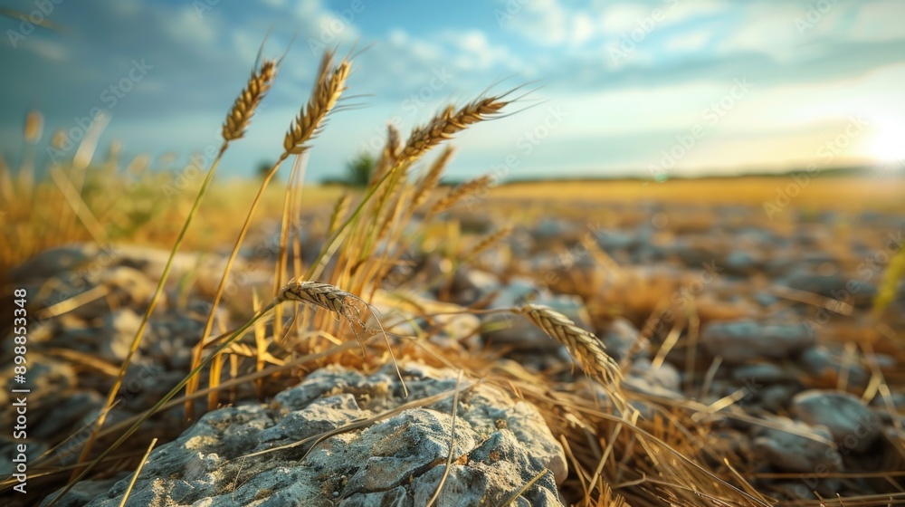 Sticker A field of wheat with a few grains of wheat in the foreground. The sky is blue and the sun is setting