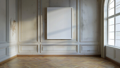 Fototapeta premium Wall with empty vertical frame mock up