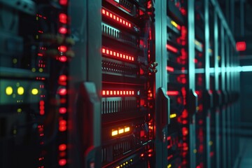 Obraz premium A computer server room with red lights on the servers