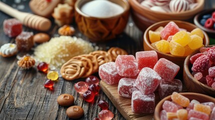 Fototapeta premium A variety of sugars and candies displayed on a rustic table ready to eat
