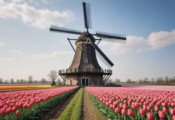  A traditional Dutch windmill in a tulip field. 