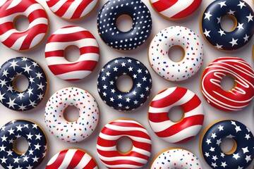 Obraz premium A row of donuts with the American flag on them. The donuts are in different colors and sizes