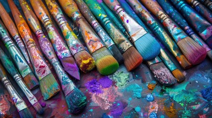 Obraz premium Various paintbrushes covered in vibrant paint strokes.
