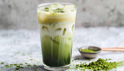 On a table sits a glass of iced matcha latte, with a spoon of matcha powder placed beside it