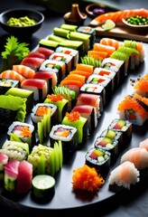 exquisite assembly layered sushi showcasing vibrant fresh artful presentation stunning culinary display, layers, cuisine, seafood, rice, vegetables, color