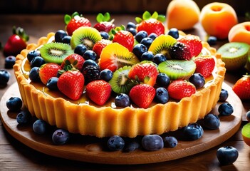 vibrant display fresh fruit tart elegantly presented cake showcasing colorful fruits flaky crust, dessert, pastry, sweet, berry, cream, topping, gourmet