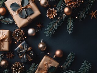 A black background with a bunch of gifts and decorations including a pine cone. The gifts are wrapped in gold paper and are placed in a row
