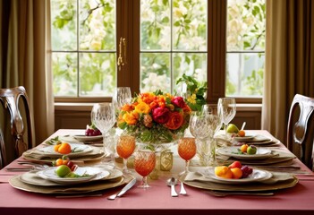 elegantly arranged dinner table featuring seasonal dishes vibrant colors exquisite tableware, decoration, arrangement, elegance, meal, style, presentation