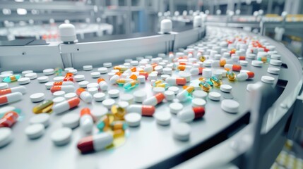 Obraz premium A conveyor belt is filled with pills of various colors and shapes. The pills are being manufactured in a factory