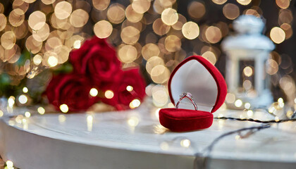 Table with red roses and ring with diamond waiting for couple 