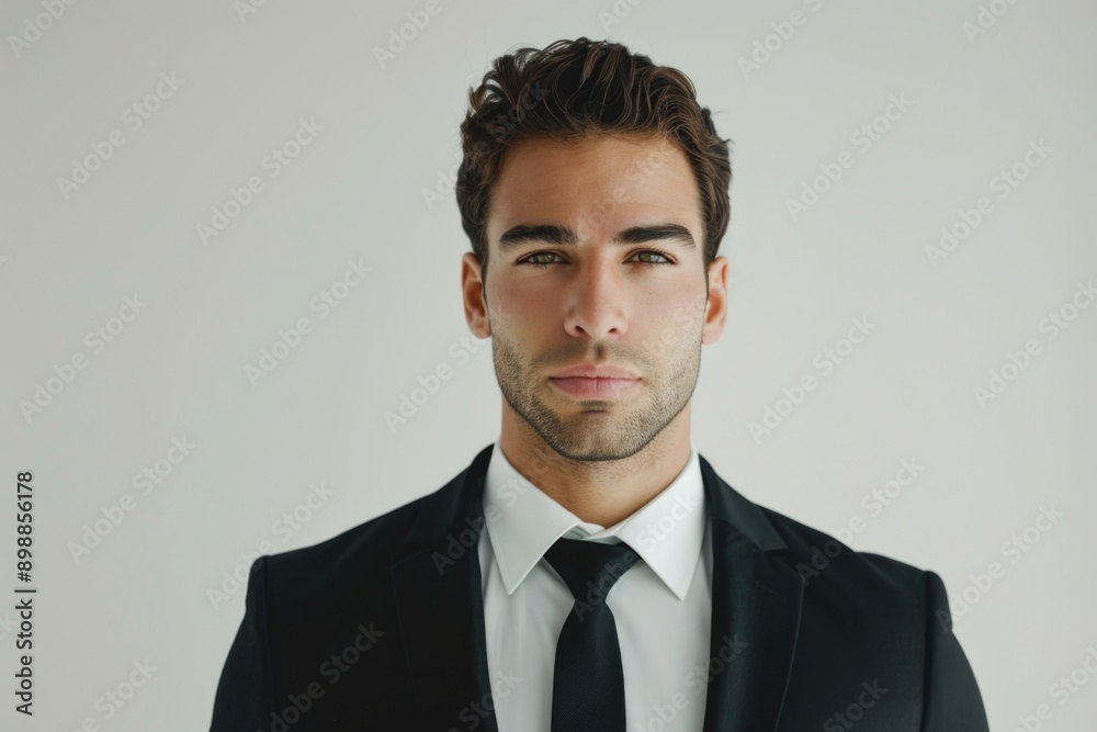 Poster a man in a suit and tie is standing in front of a white background. he has a serious expression on h