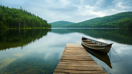 Fototapeta premium Lake Surrounded by Forested Hills with Wooden Dock and Rowboat Reflection