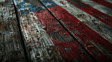 Fototapeta premium A wooden floor with a red, white and blue American flag on it. The flag is old and worn, with some parts of it missing. The floor is made of wood and has a rustic, vintage feel to it