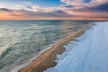 Snowy Hel peninsula. Winter at Baltic Sea. Aerial view, Poland