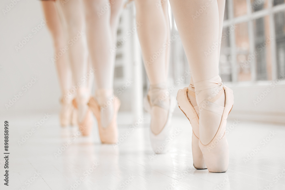 Canvas Prints Ballerina legs, group or shoes for balance in theatre performance or practice for competition in art studio. Ballet, team and feet of people with dancing routine for recital or talent show production