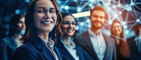 Smiling Business Team with Digital Network Overlay. Generative ai.