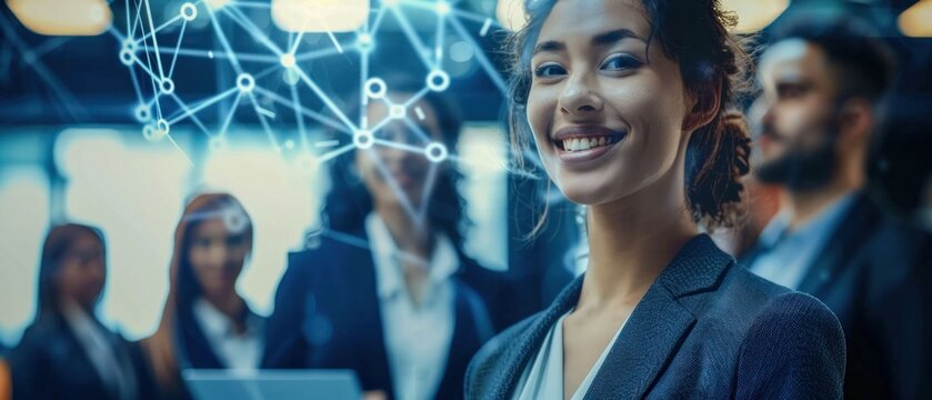 Smiling Business Team with Digital Network Overlay. Generative ai.