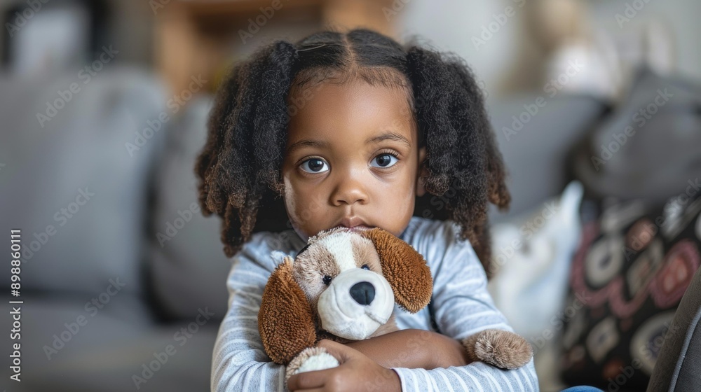 Sticker A cute little girl hugging her stuffed animal. AI.