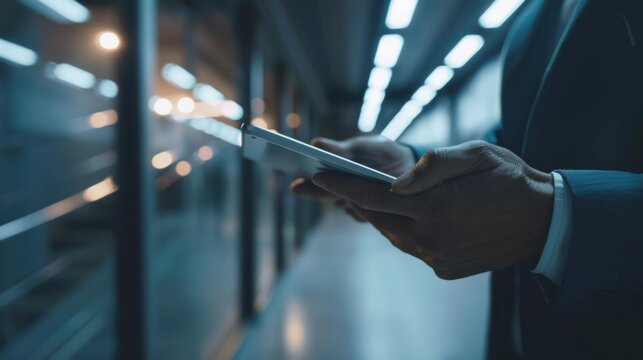 Thoughtful businessman using a tablet. AI.