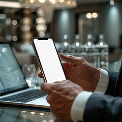 Close-Up of Businessman Holding Smartphone in Elegant Office
