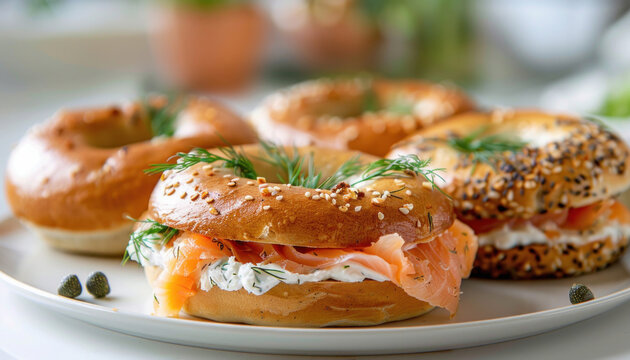 A bagel with smoked salmon and cream cheese on a plate makes a delicious meal option