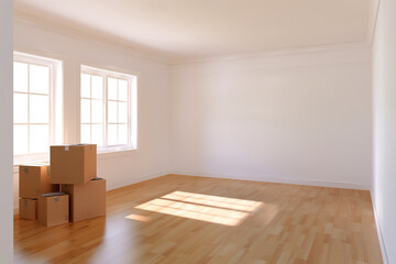 Empty room with sunlight streaming in and stacked moving boxes in a spacious setting. Generative AI