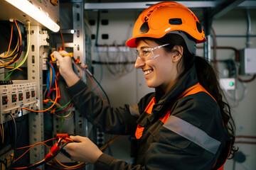 Female electrician working on electrical panel in industrial setting.