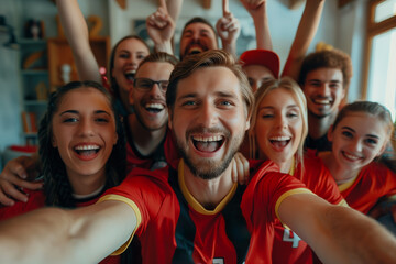 Group of friends celebrating together in red jerseys at home during a football match. Generative AI
