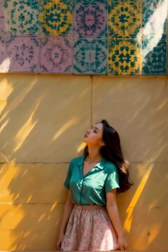 mujer en el centro de sincelejo mirando hacia arriba  con la iglesia de fondo, Smiling Young Woman in Sports Clothing