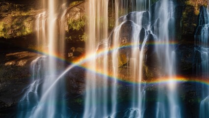 A waterfall with a rainbow in the background and some trees, AI
