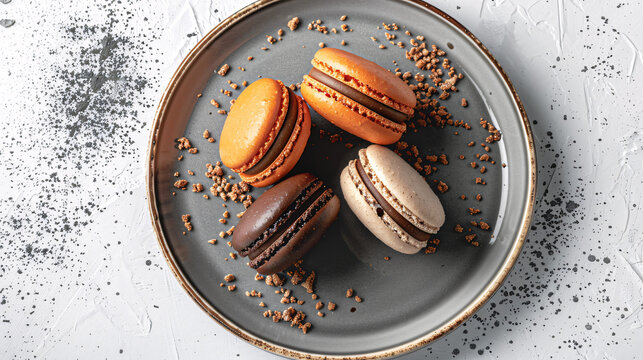 styling french macaron on a plate with props on white concrete background