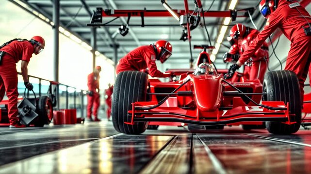 Formula 1 Pit Stop & Teamwork. Formula 1 Pit Crew in Action: Mechanics in Red Uniforms Work on a Red Race Car During a Pit Stop. Speed, Precision, Teamwork Concept.