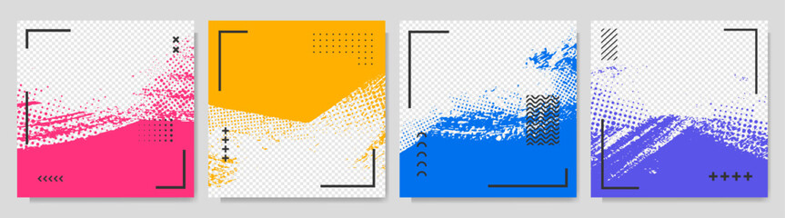 Vector illustration. Hand drawn abstract color frame set with geometric elements. Ink brush strokes mess with halftone dots. Design for social media template, cover, photography overlay, web banner.