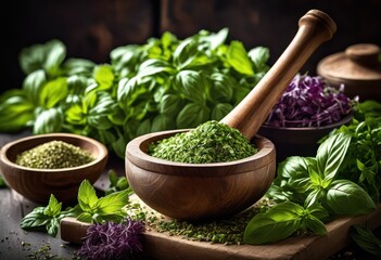 vibrant fresh herbs ground traditional mortar showcasing natural textures colors ingredients, spices, culinary, flavor, seasoning, leafy, organic