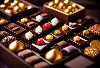 elegant display gourmet chocolates luxurious arrangement assorted flavors textures delightful experience, artisan, assortment, bonbon, candy, cocoa