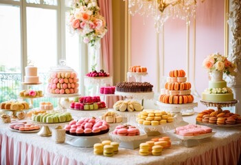 Naklejka premium elegant dessert table featuring exquisite treats sophisticated presentation variety sweet delights decorative elements, candies, chocolates, cakes