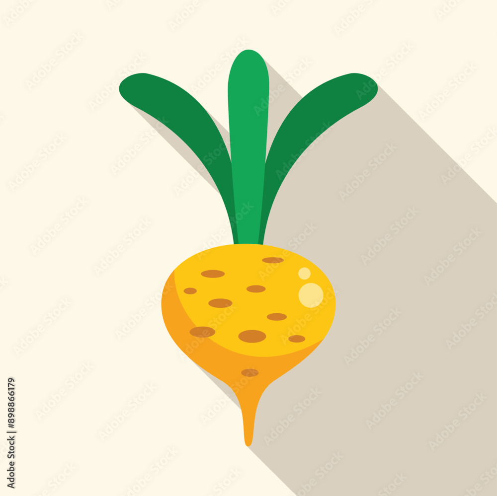 Poster yellow turnip with green leaves is growing, simple cartoon icon with long shadow